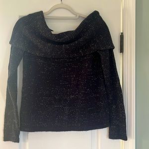 Women’s off the shoulder navy sweater with gold flecks
